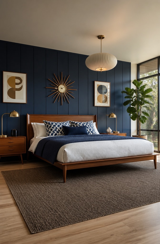 Mid-Century Modern Navy and Brown Bedroom