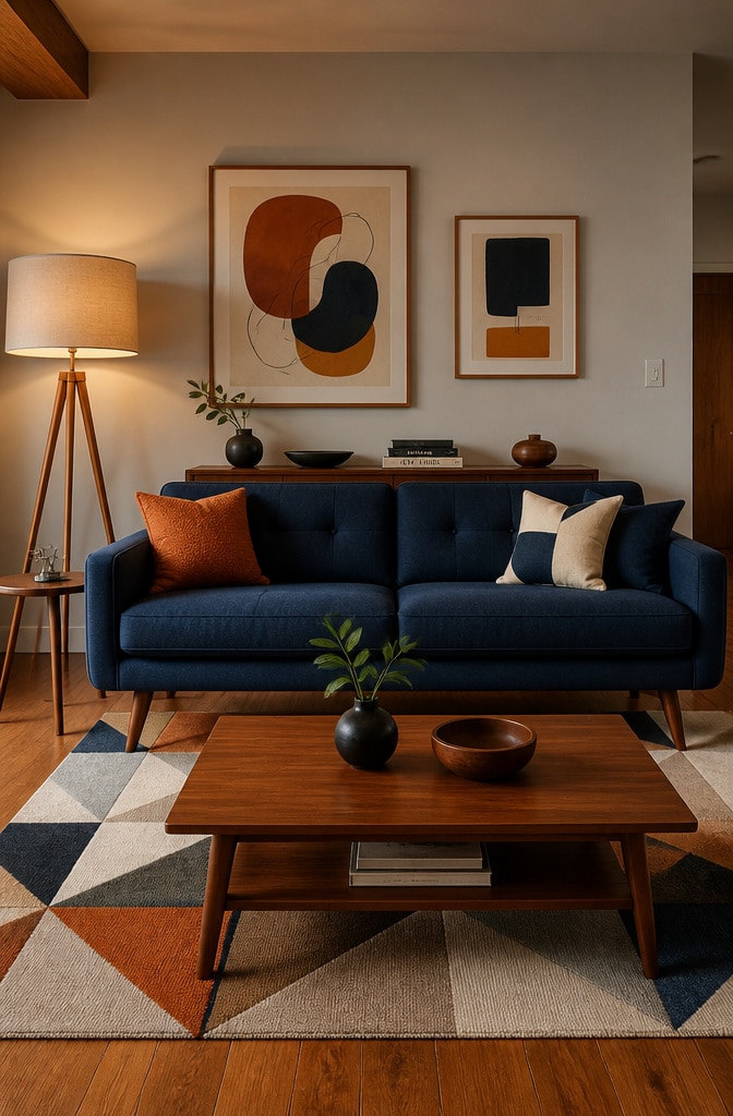 Mid-Century Modern Navy Blue Couch Living Room