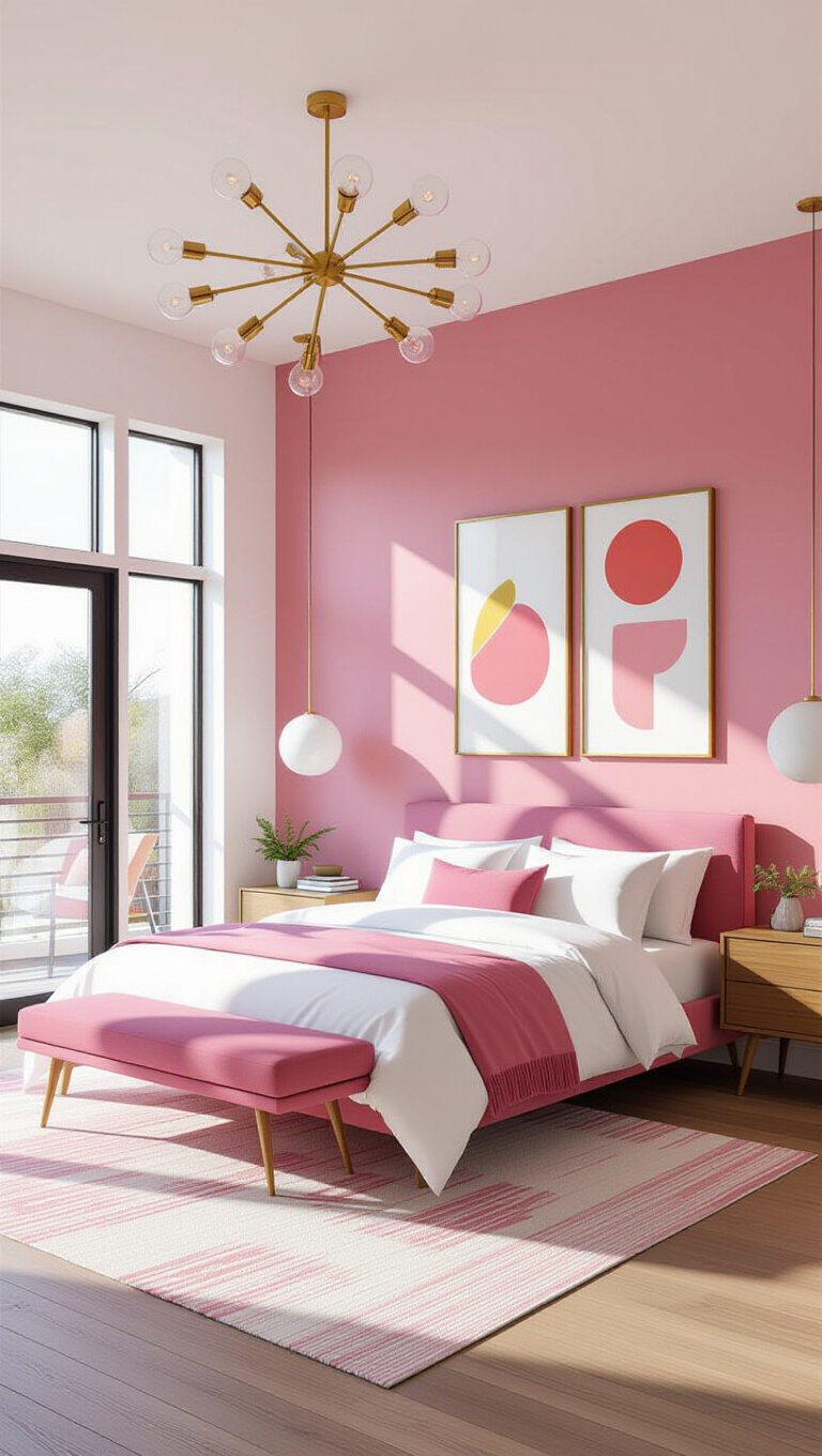 Mid-Century Modern Pink and White Bedroom