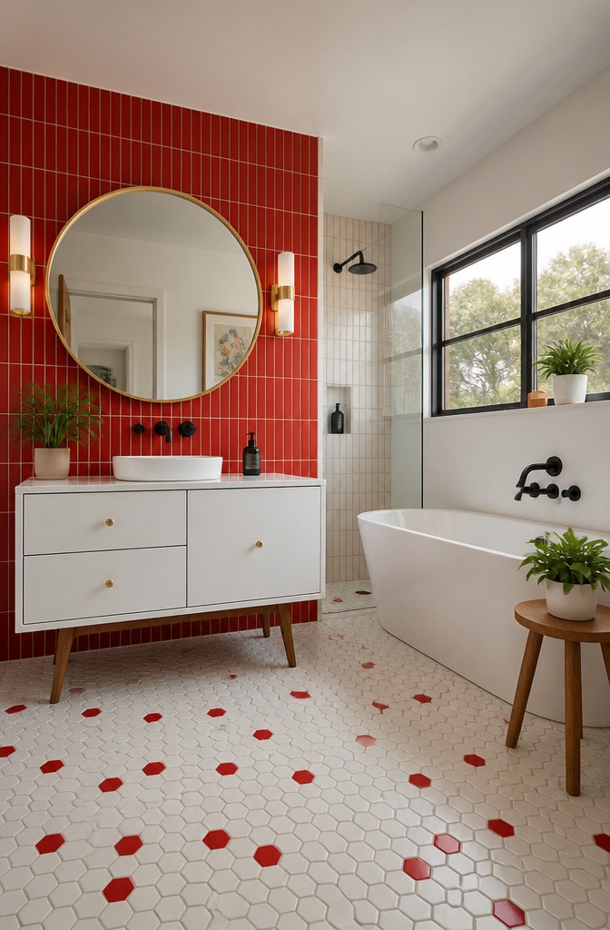 Mid-Century Modern Red and White Bathroom