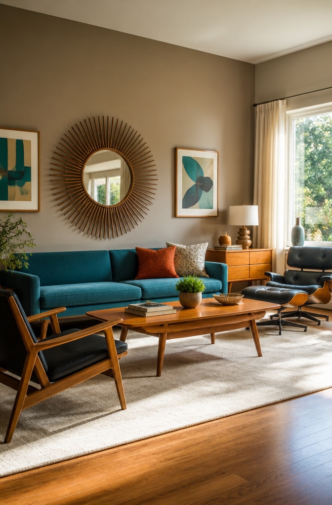 Mid-Century Modern Taupe and Teal Living Room
