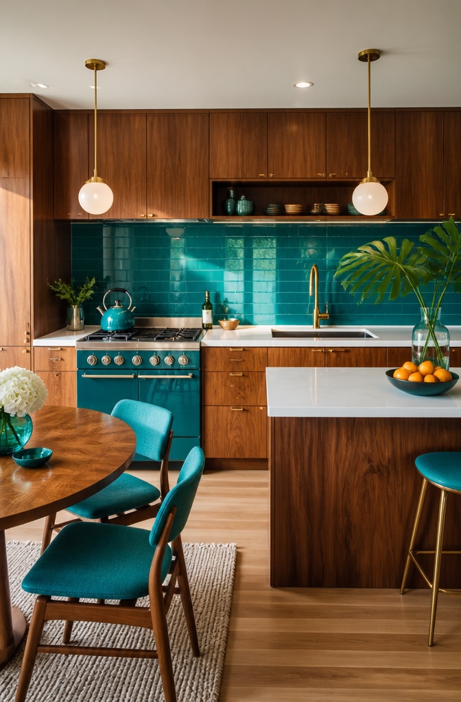Mid-Century Modern Teal Glass Backsplash Kitchen