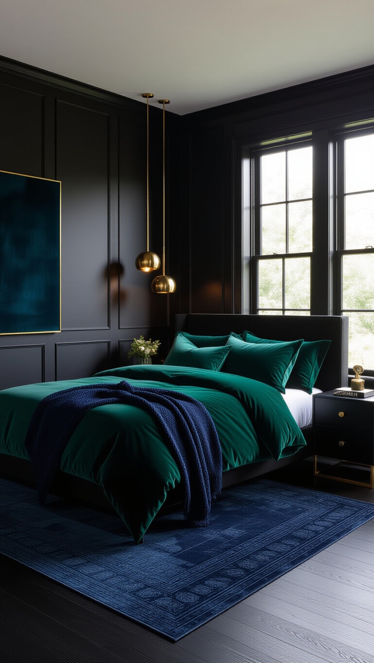 Minimalist Black and Jewel-Toned Bedroom