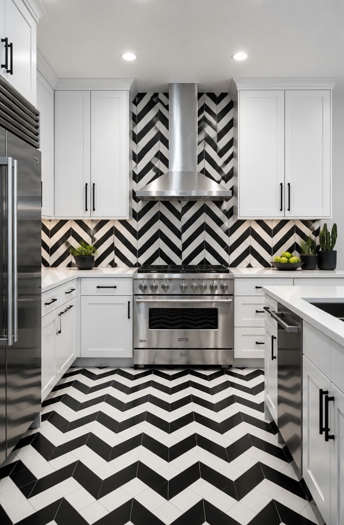 Minimalist Black and White Chevron Tiles