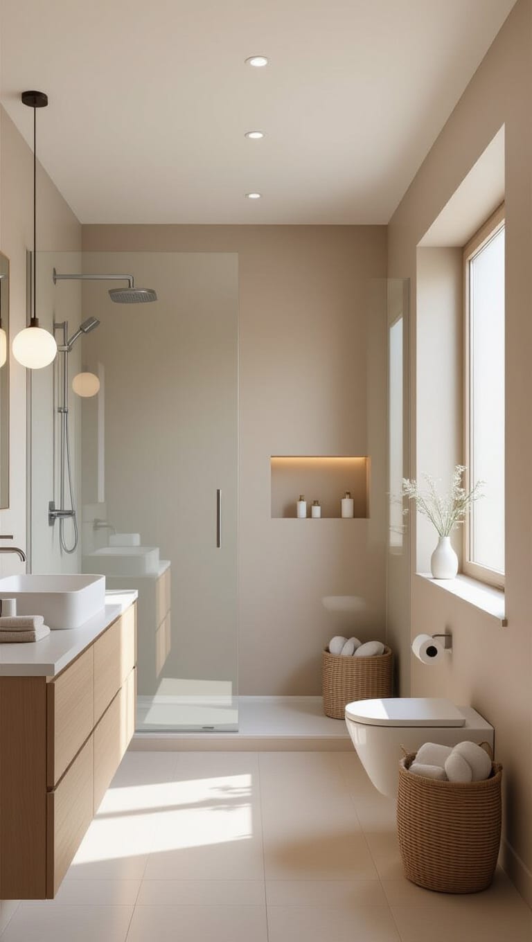 Minimalist Brown Bathroom with Natural Light