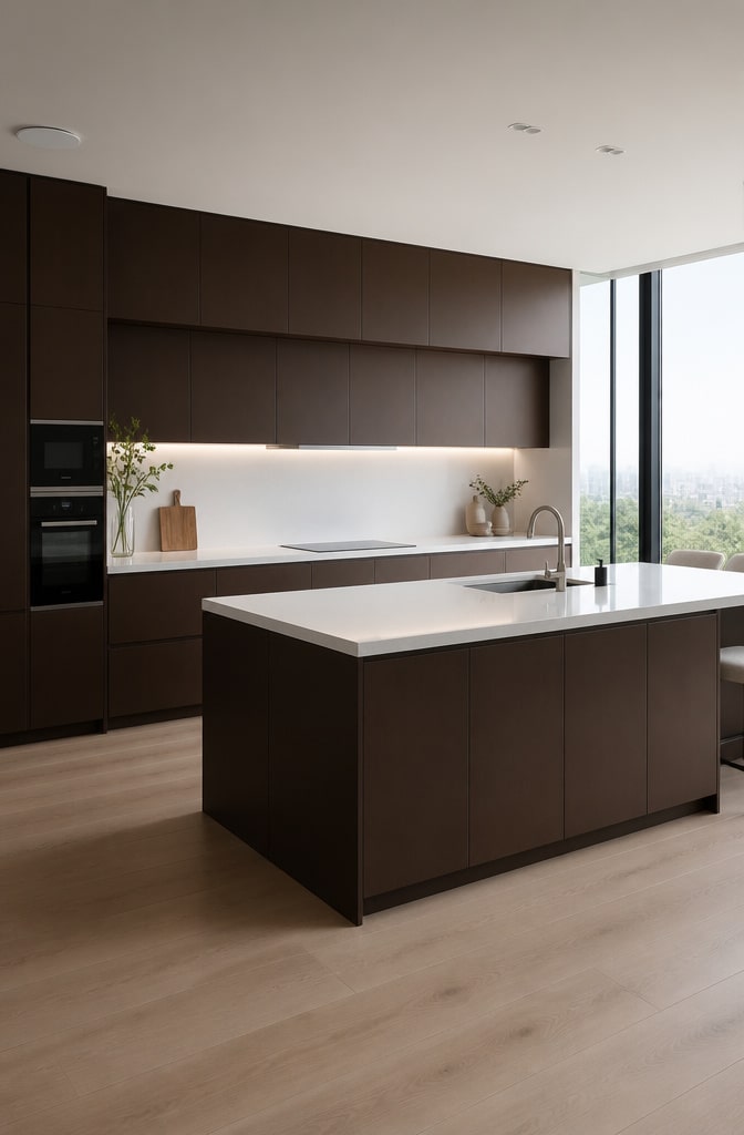 Minimalist Chocolate Brown Handleless Cabinets