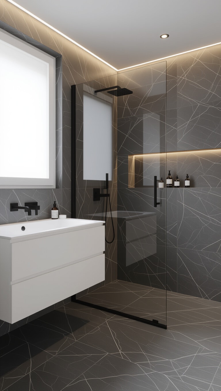 Minimalist Dark Marble Bathroom Retreat