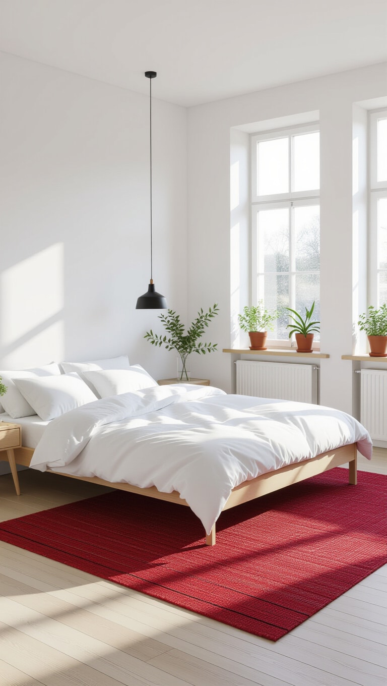 Minimalist Red Rug Scandinavian Bedroom