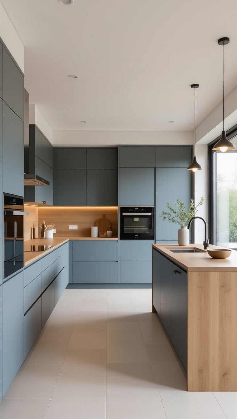 Minimalist Slate Blue and Bamboo Kitchen