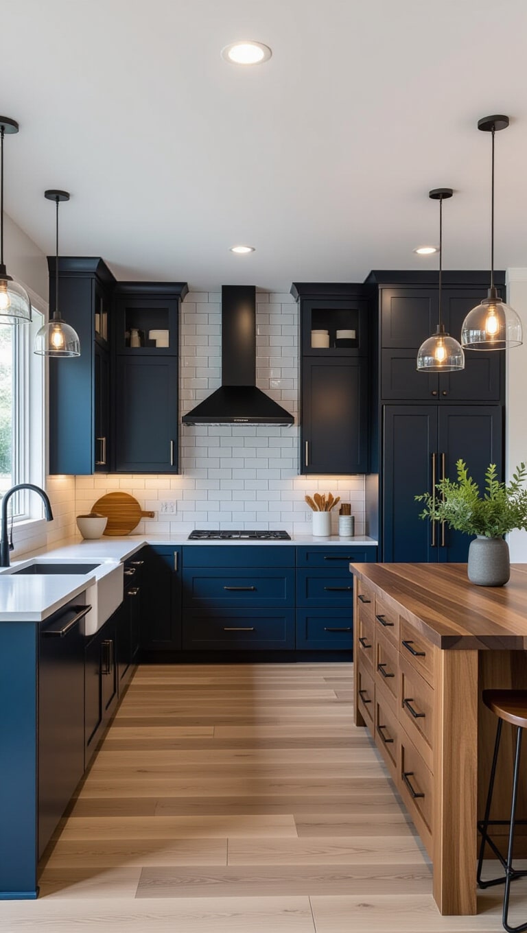 Modern Blue and Walnut Contrast Kitchen