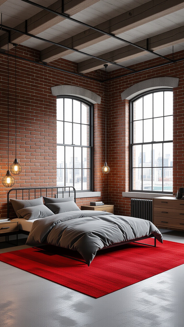 Modern Industrial Red Rug Bedroom