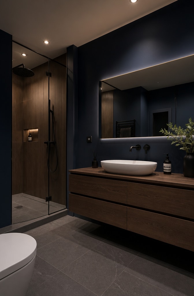 Modern Minimalist Blue and Brown Bathroom