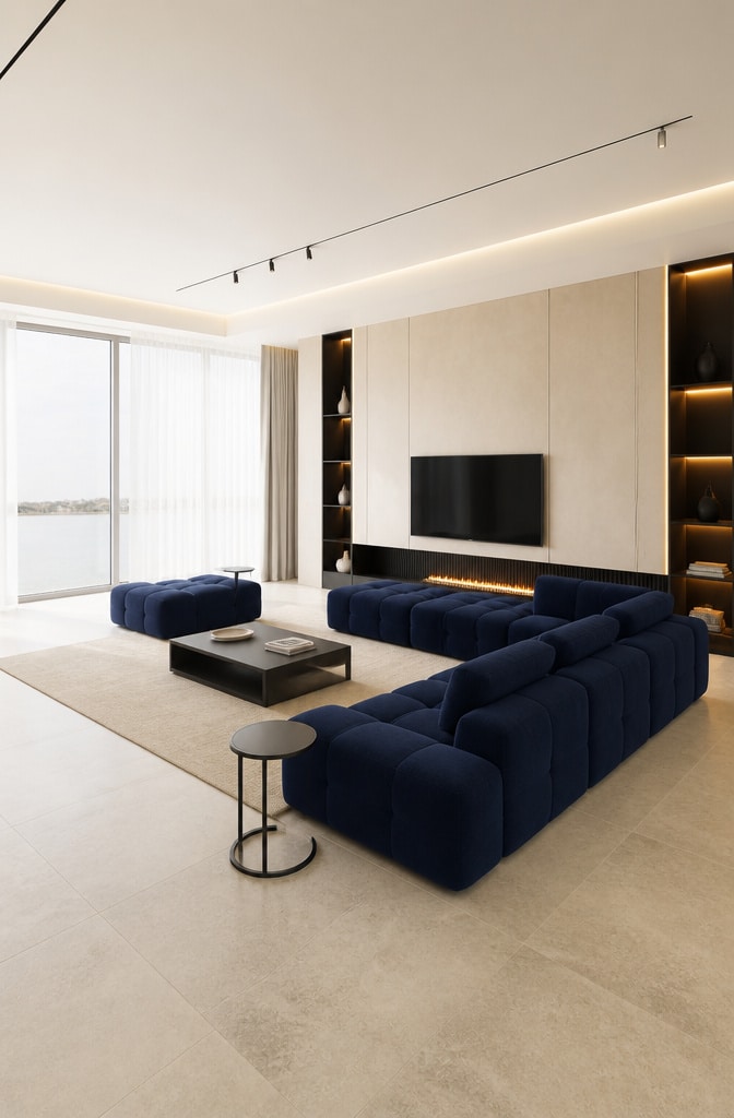 Modern Minimalist Blue and Cream Living Space