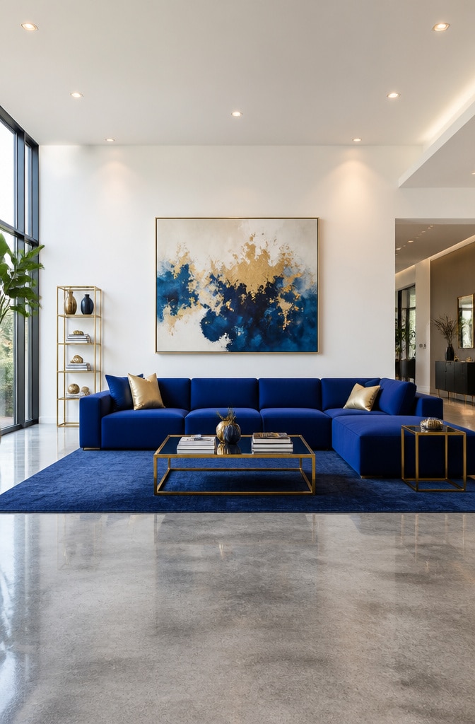 Modern Minimalist Blue and Gold Living Room