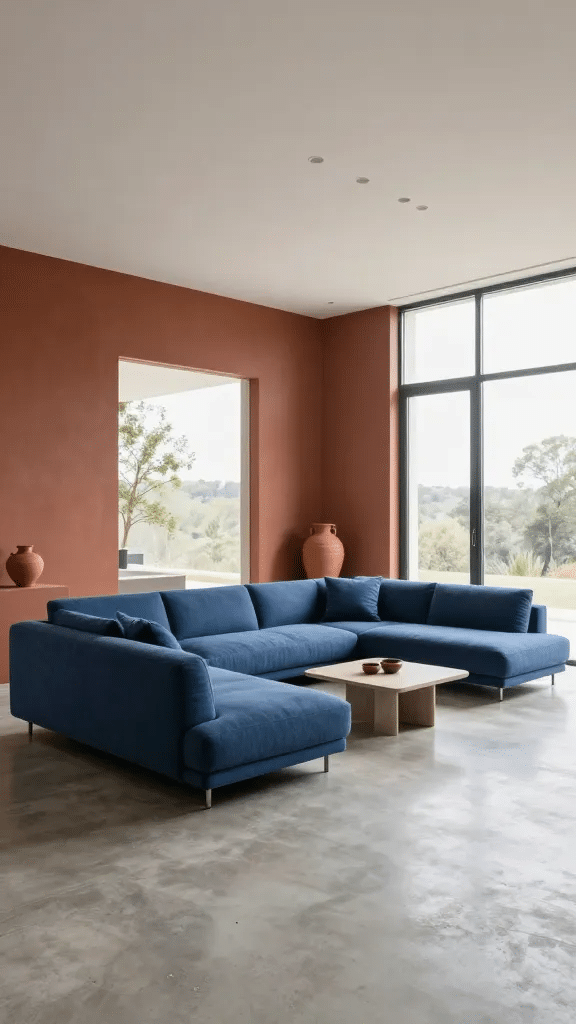 Modern Minimalist Blue and Terracotta Living Room
