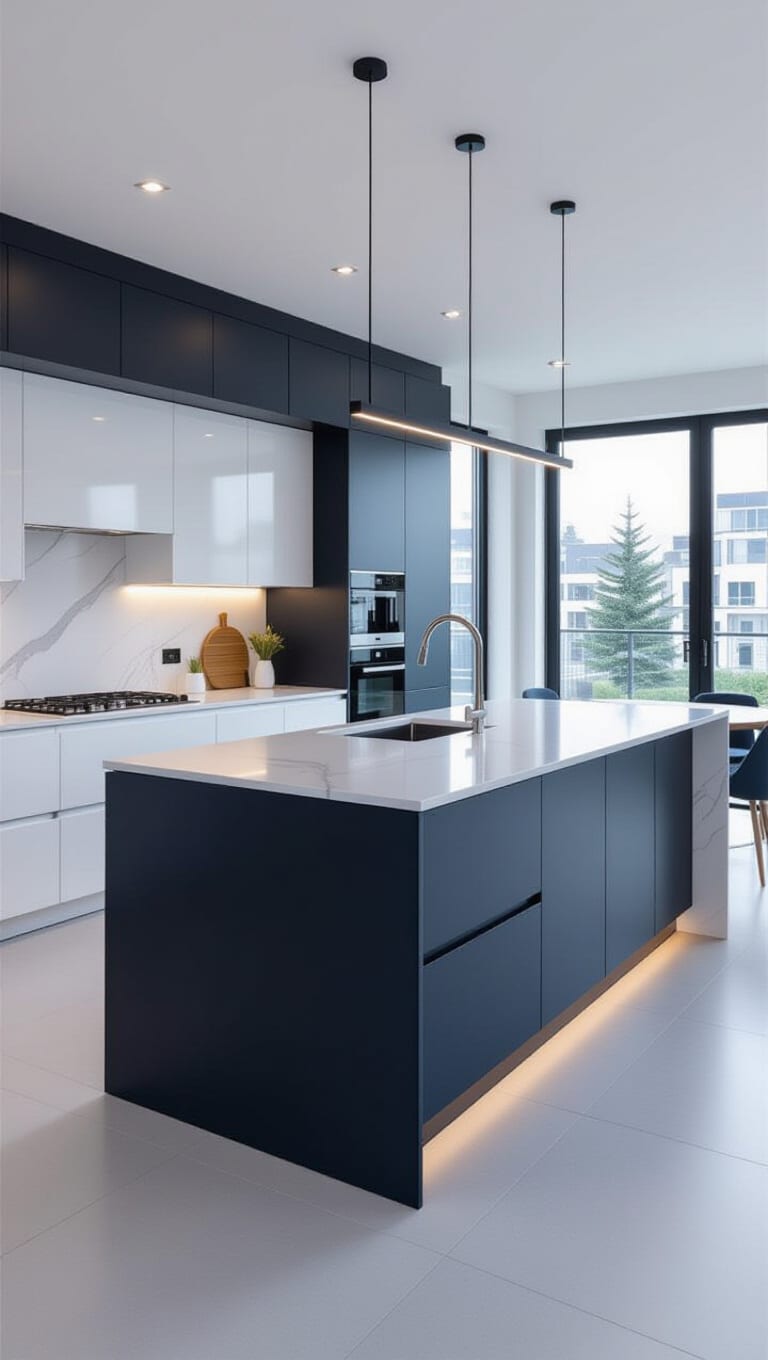 Modern Minimalist Blue and White Kitchen