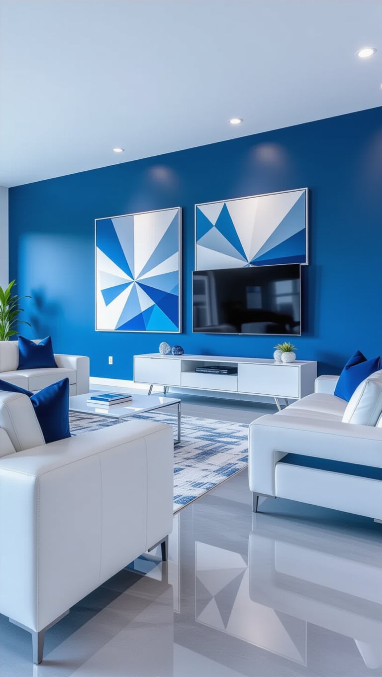 Modern Minimalist Blue and White Living Room