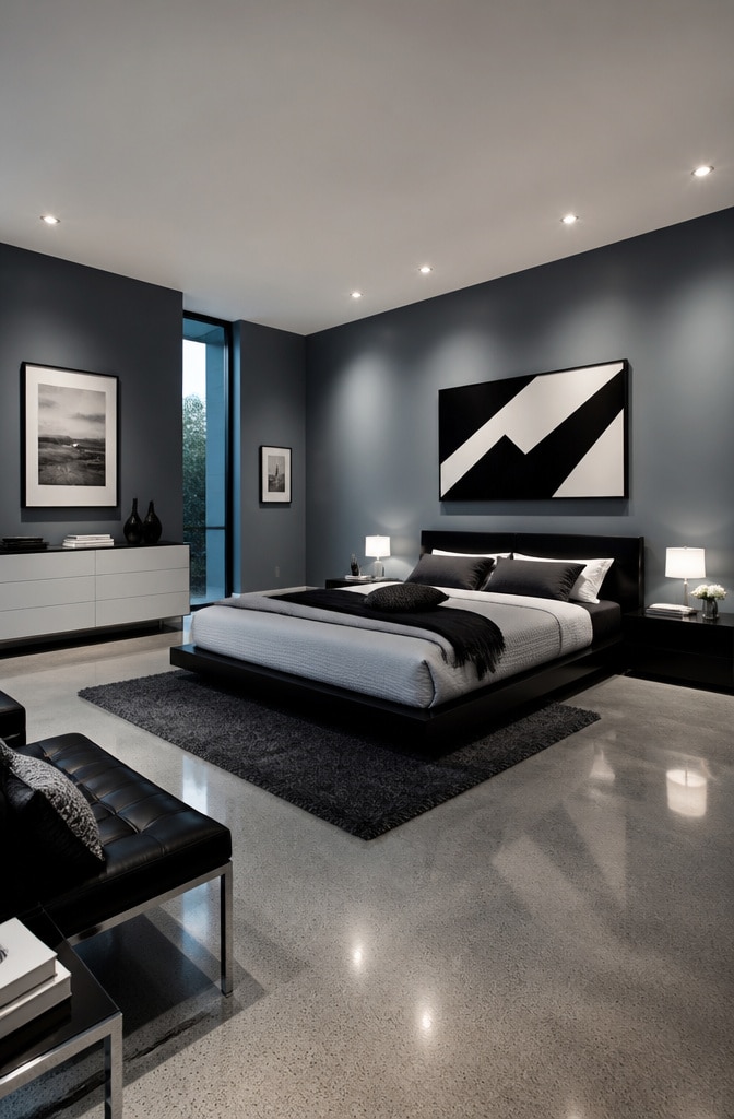 Modern Minimalist Blue Gray Bedroom