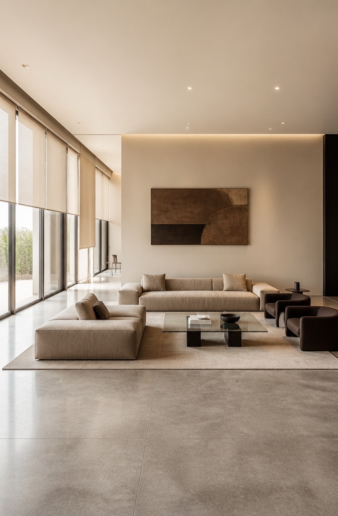 Modern Minimalist Brown and Beige Living Room