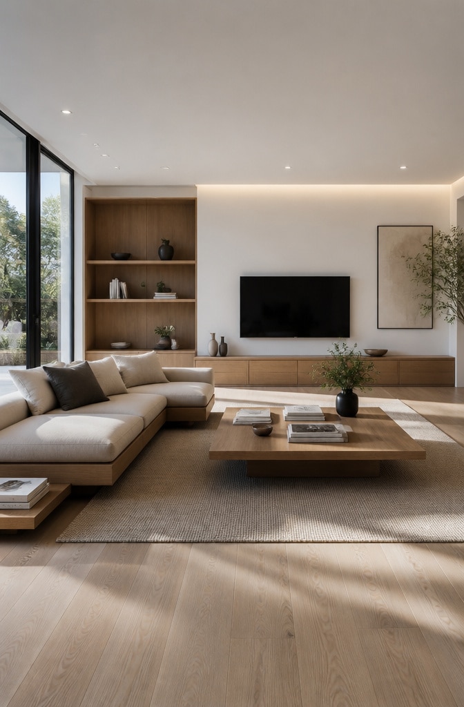 Modern Minimalist Brown Oak Living Room
