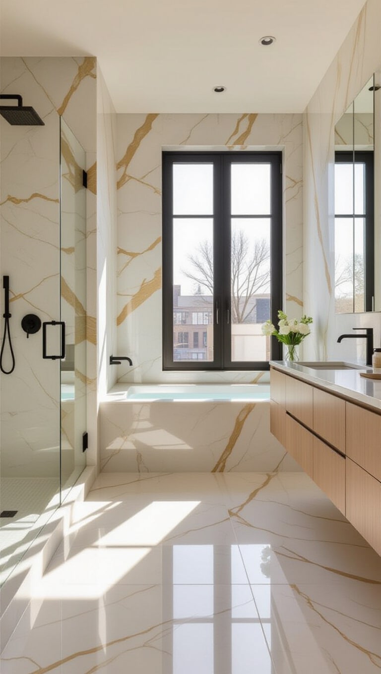 Modern Minimalist Calcutta Gold Marble Bathroom