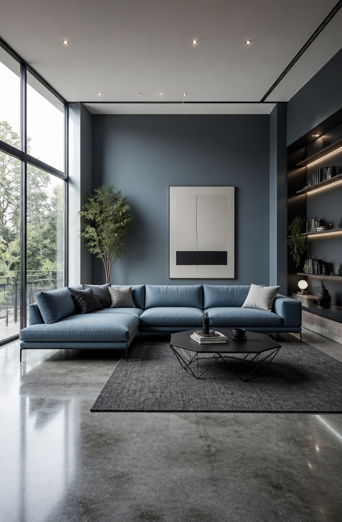 Modern Minimalist Dusty Blue Living Room