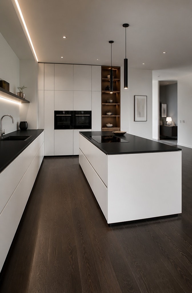 Modern Minimalist Kitchen with Dark Brown Flooring