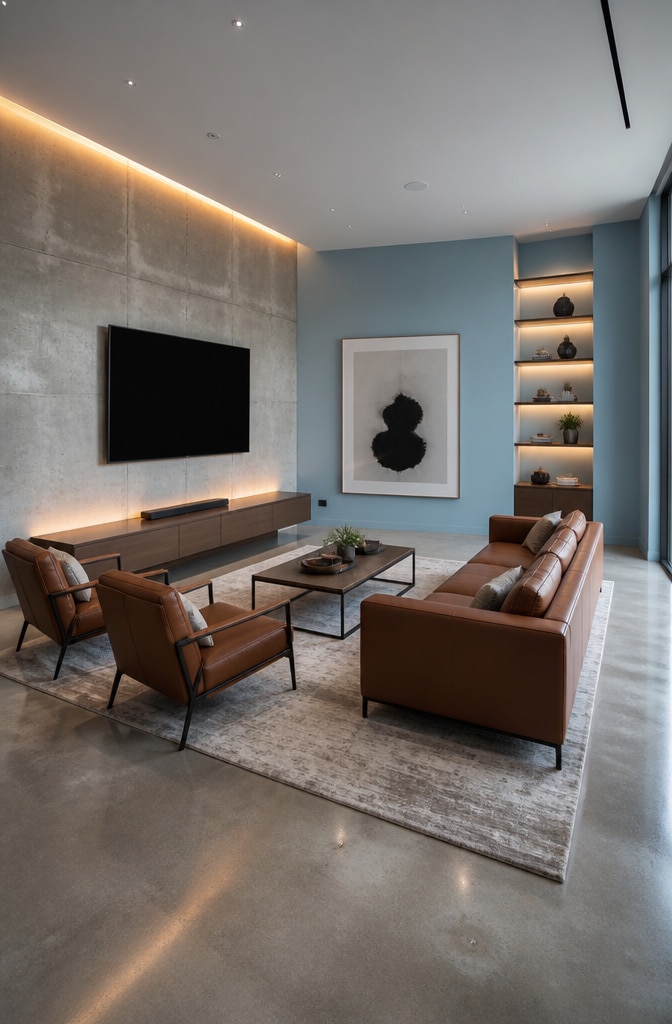 Modern Minimalist Light Blue and Brown Living Room