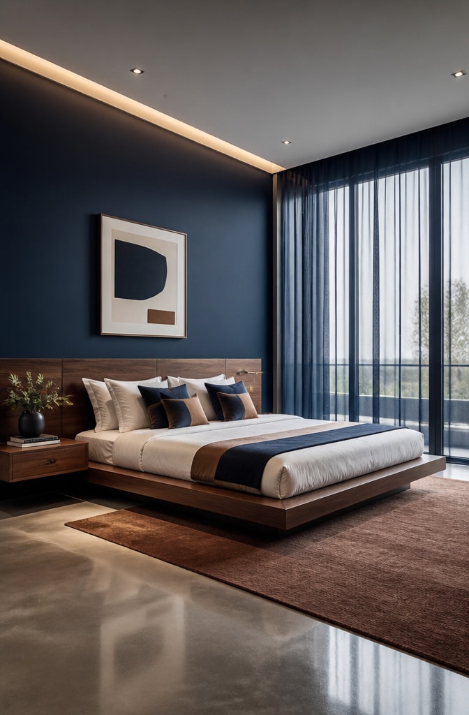 Modern Minimalist Navy and Brown Bedroom