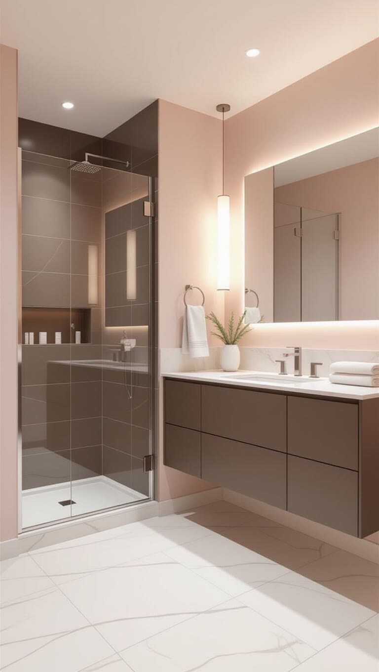 Modern Minimalist Pink and Brown Bathroom