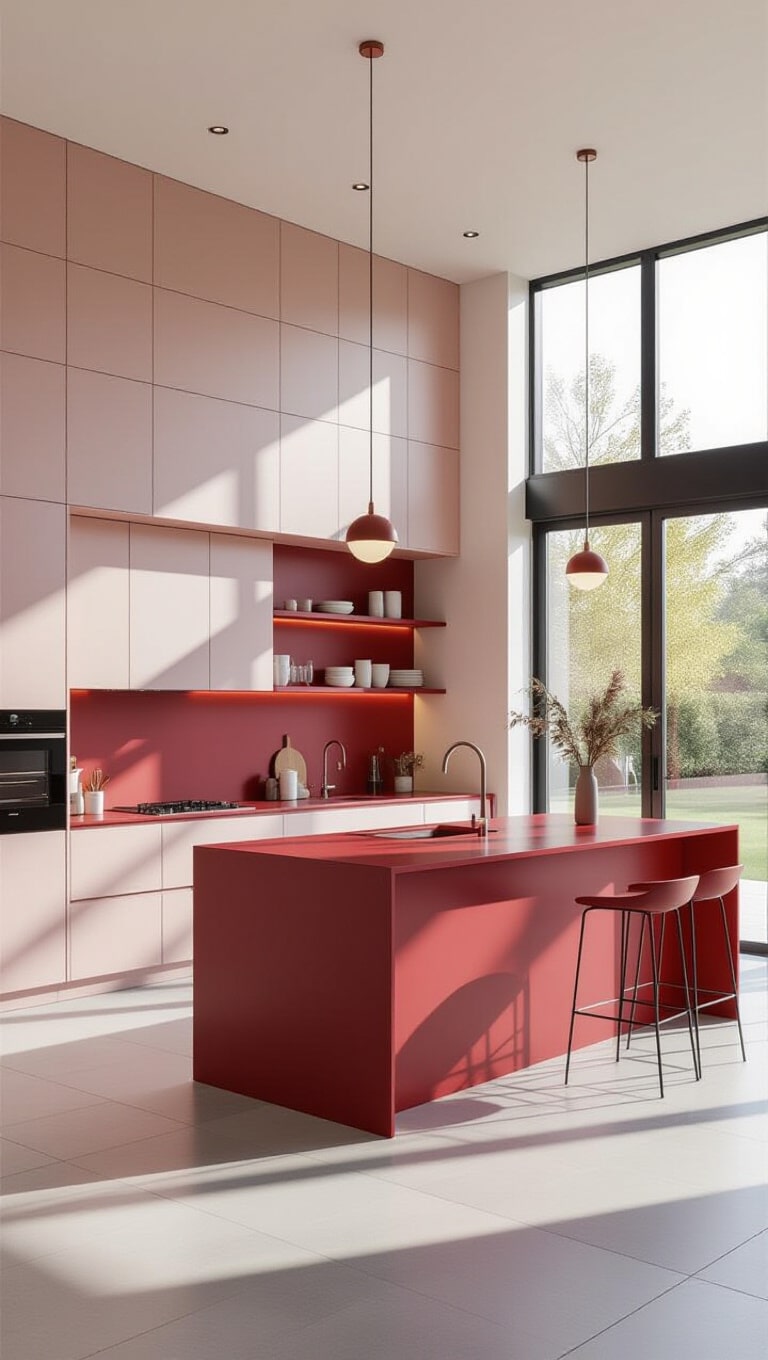 Modern Minimalist Pink and Red Kitchen