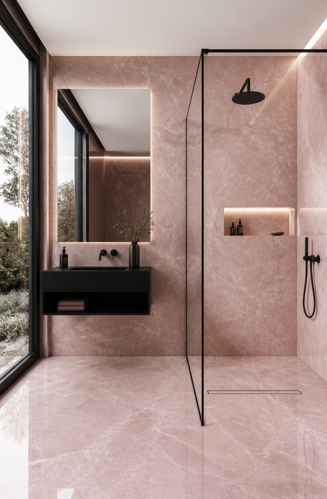Modern Minimalist Pink Marble Bathroom