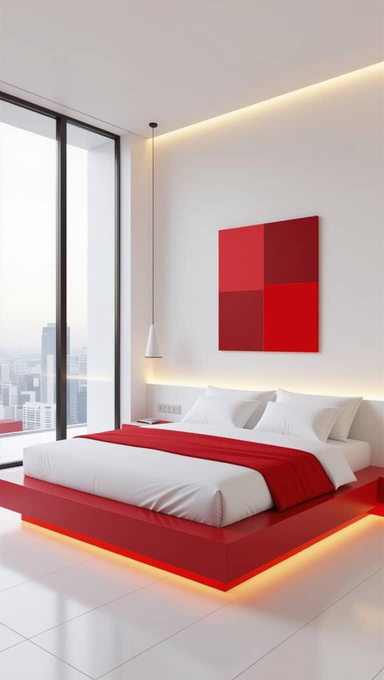 Modern Minimalist Red and White Bedroom