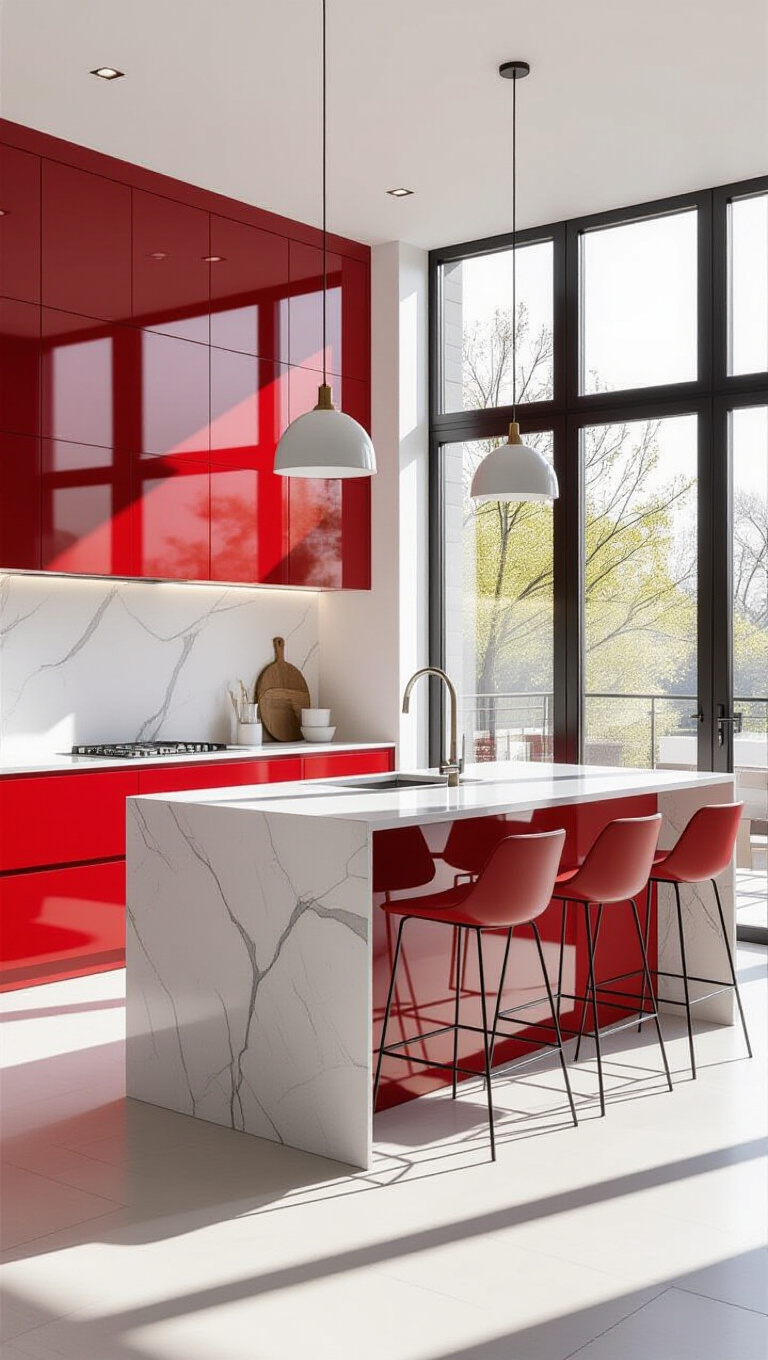 Modern Minimalist Red and White Kitchen