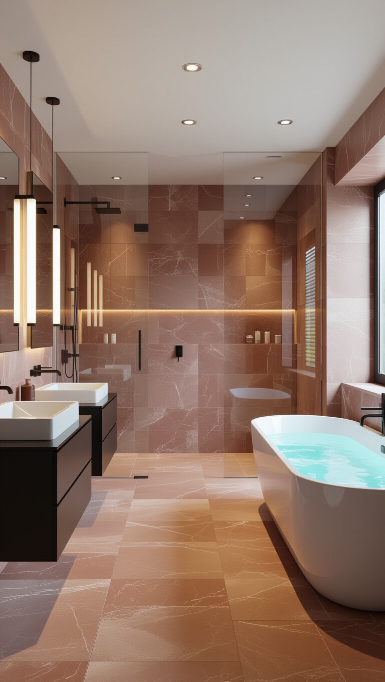Modern Minimalist Red Travertine Bathroom