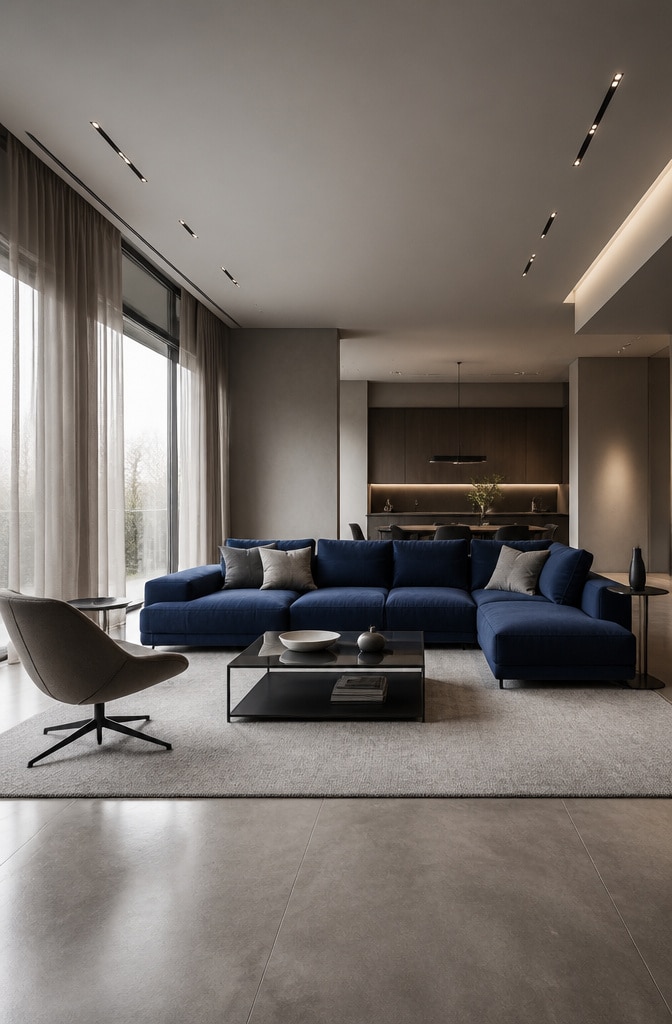 Modern Minimalist Taupe and Blue Lounge