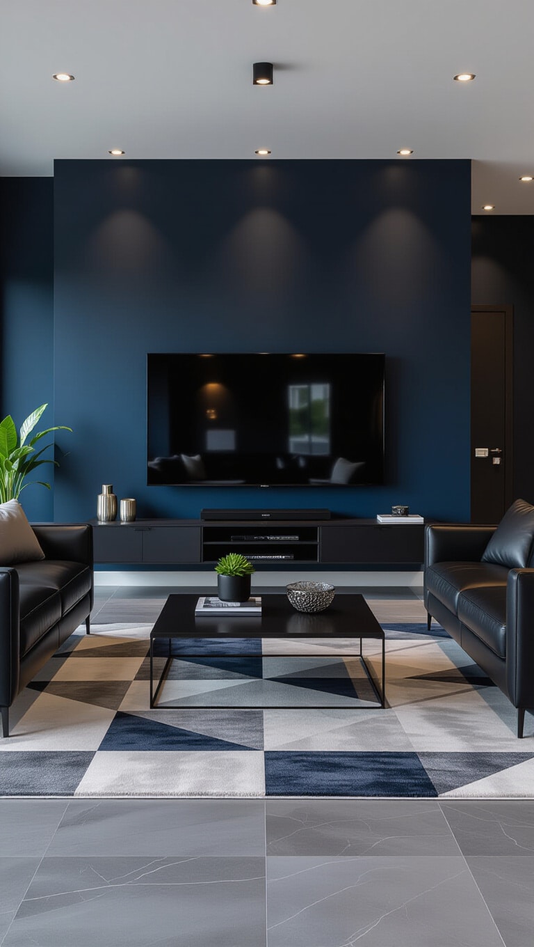 Modern Navy Blue Minimalist Living Room