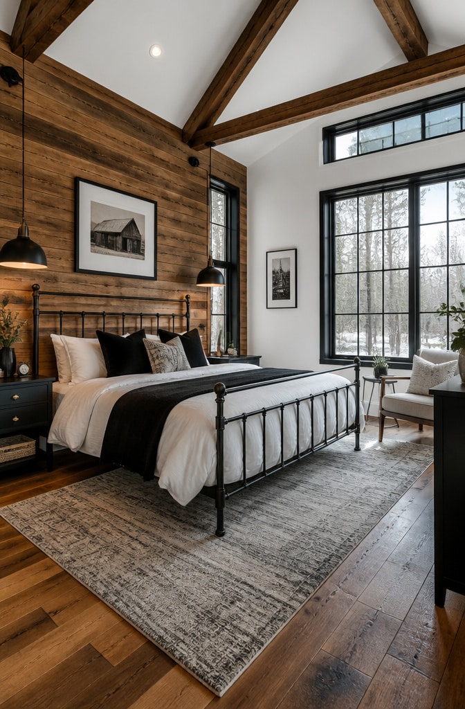 Modern Rustic Farmhouse Bedroom with Black Accents
