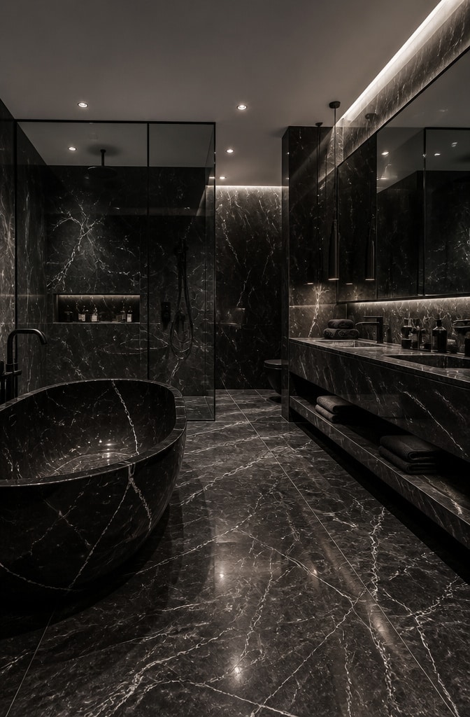Monochromatic Black Marble Bathroom Luxury