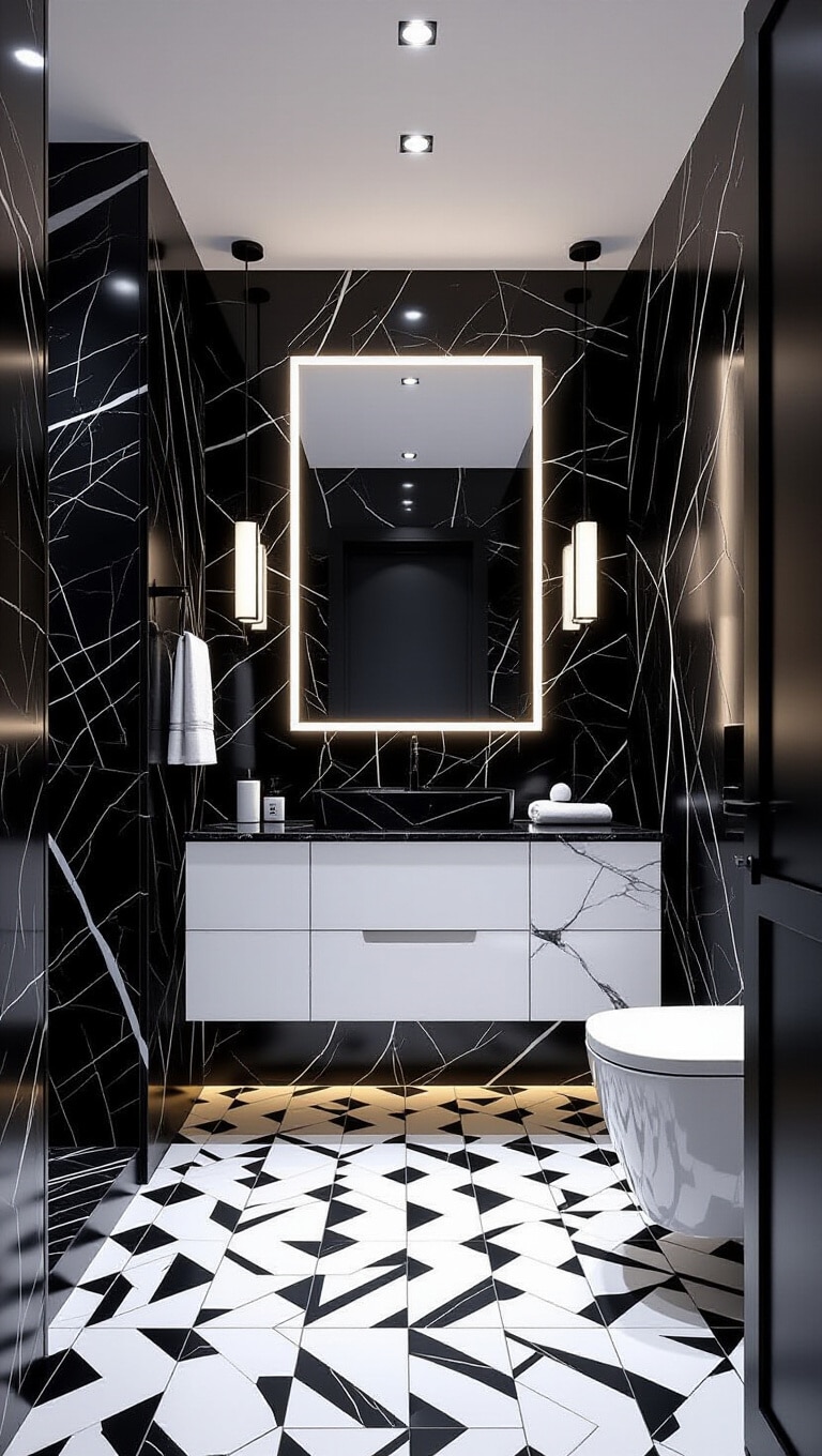 Monochrome Dark Marble Bathroom with High Contrast