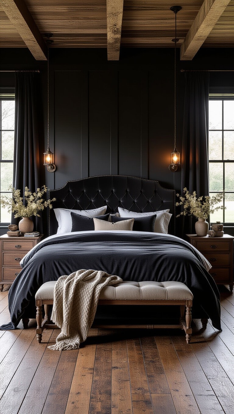 Moody Farmhouse Bedroom with Charcoal Velvet Touches