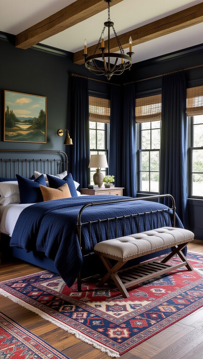 Moody Farmhouse Bedroom with Deep Blue Accents