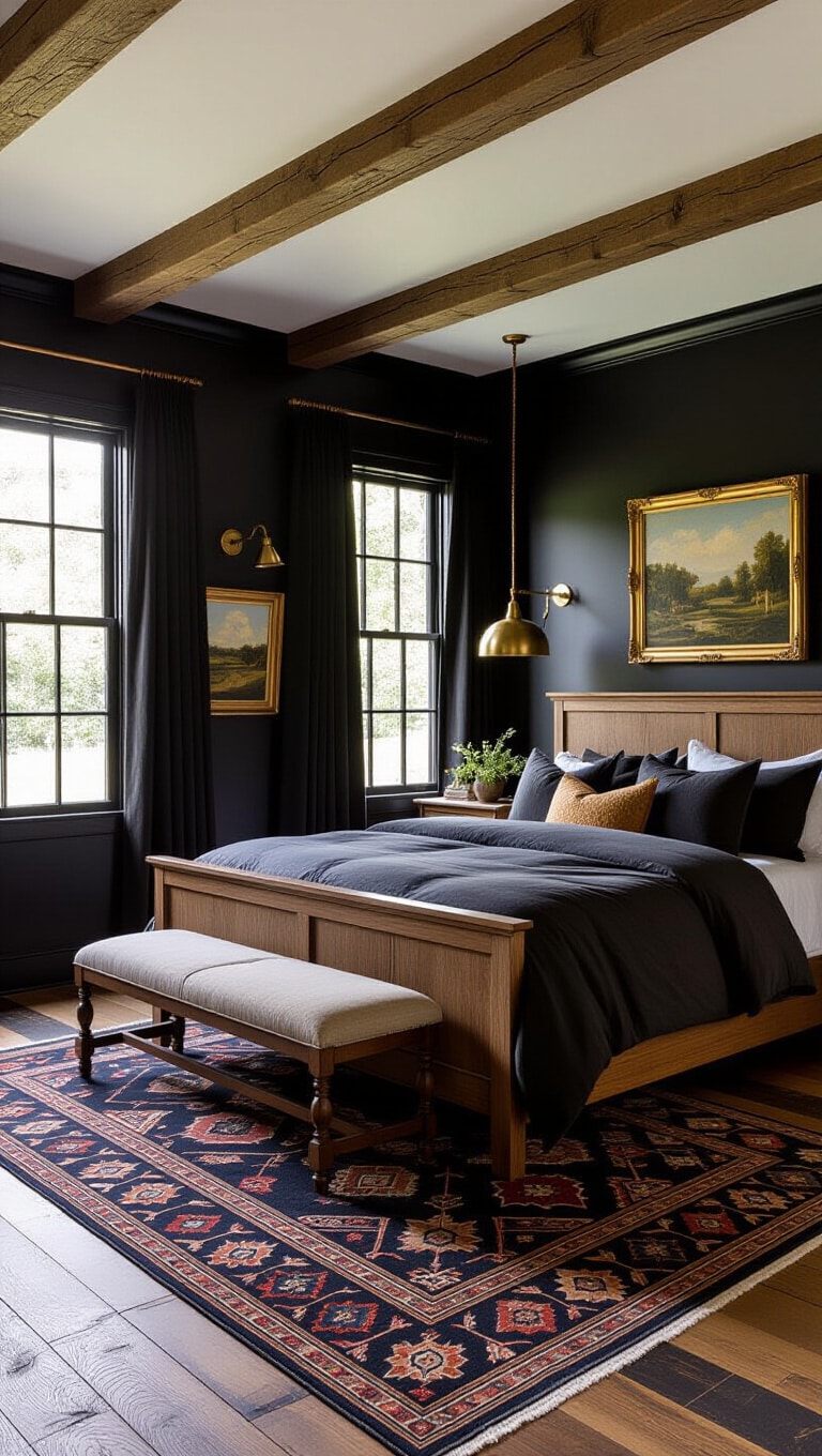 Moody Farmhouse Bedroom with Matte Black and Gold Accents