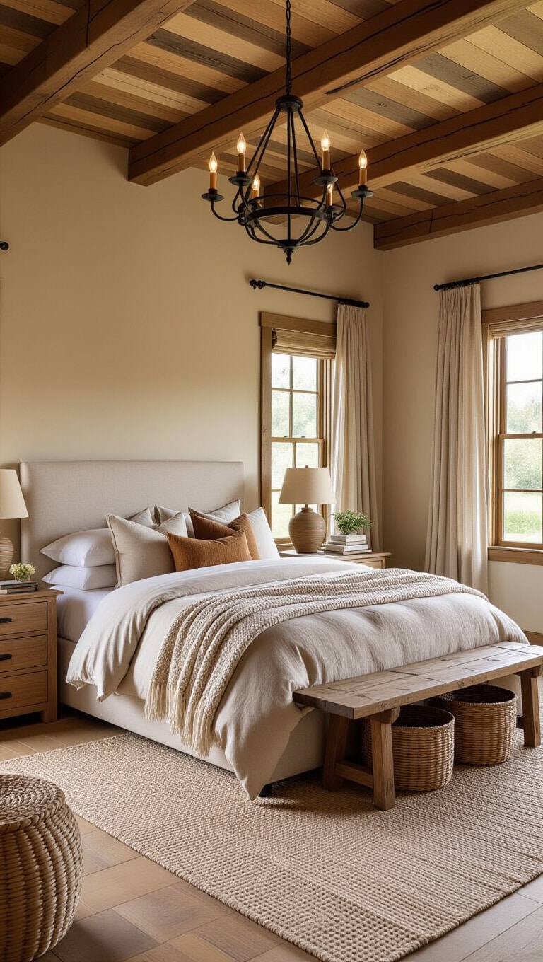 Moody Farmhouse Bedroom with Warm Taupe Palette