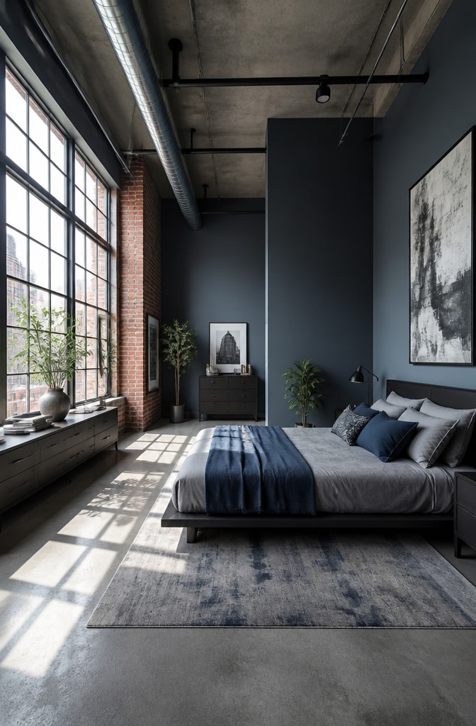 Muted Slate Blue Urban Loft Bedroom