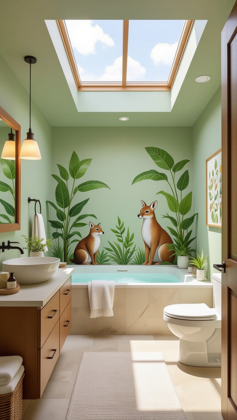 Nature-Inspired Bathroom with Pun Art