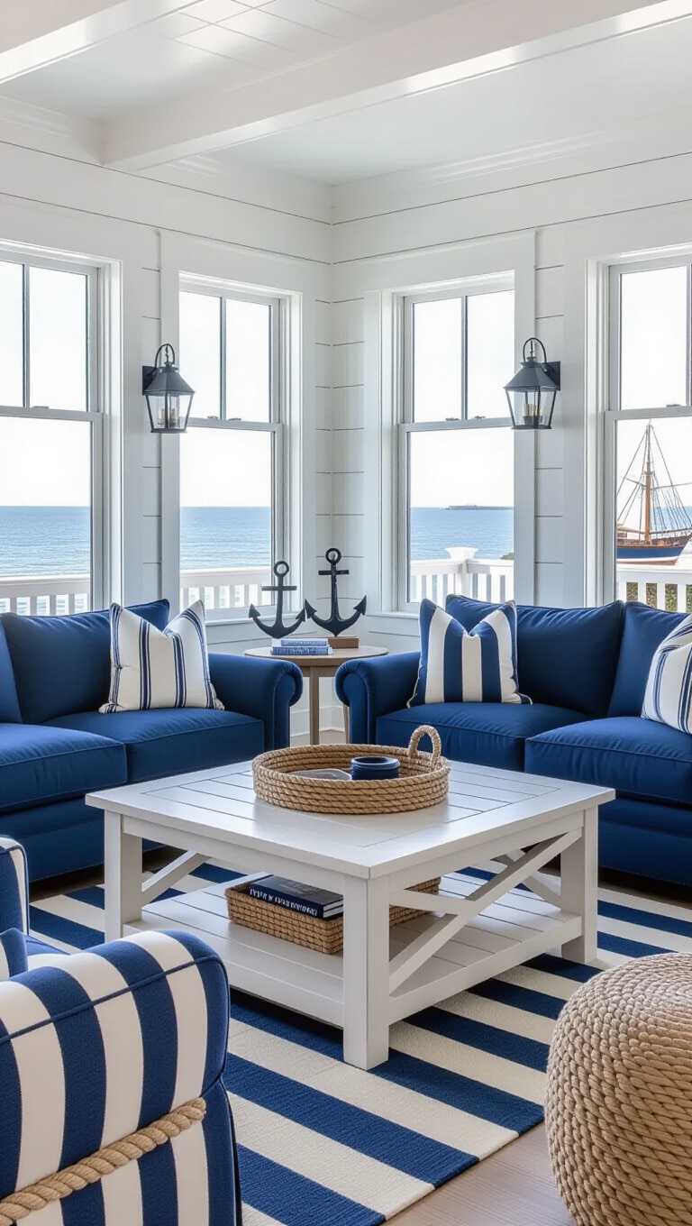 Nautical Blue and White Living Room