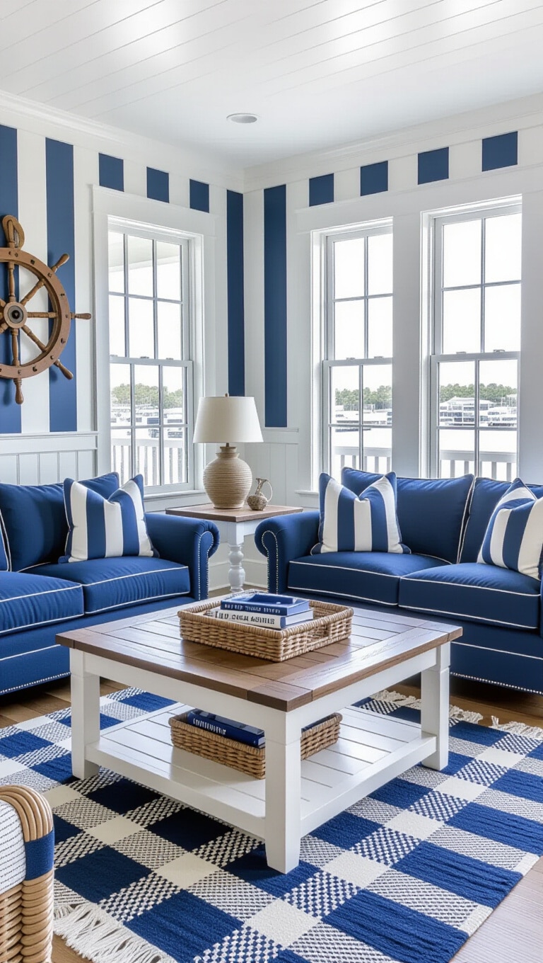 Nautical Navy and White Blue Living Room
