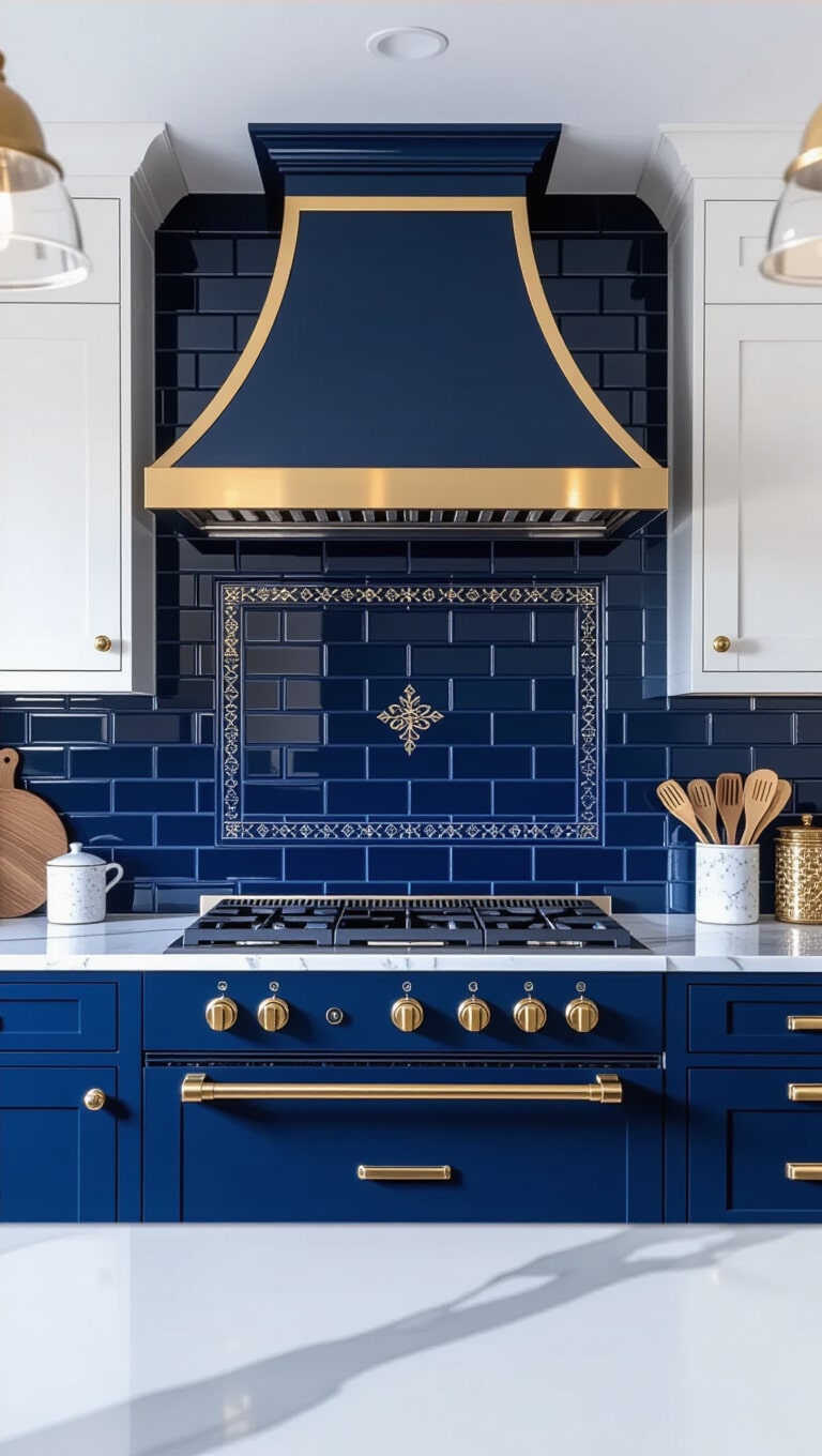 Navy Blue and Gold Accent Kitchen Tiles
