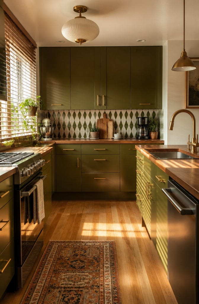 Olive Green and Brass Mid-Century Modern Cabinets
